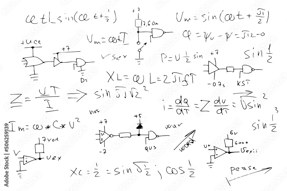 radio engineering schemes. electronic formulas and expressions. scientific and educational background. hand-drawn. vector.