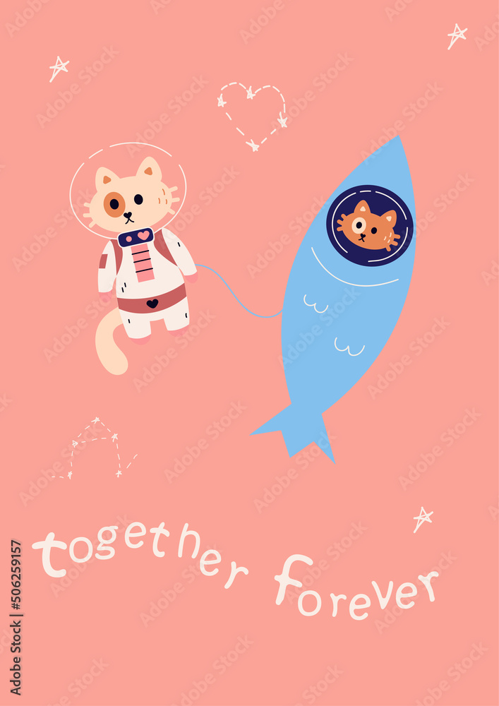 Space cats. Cute kitty in spacesuit. Animal flying in rocket. Kittens with stars and planets. Spaceship flight. Together forever. Pets galactic adventure. Vector childish astronauts