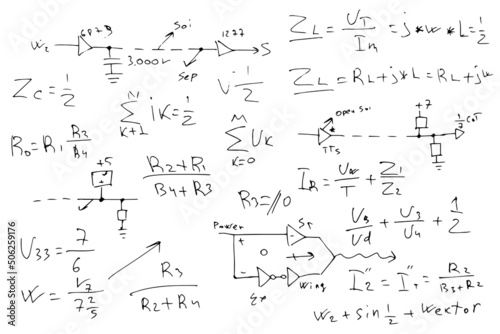 radio engineering schemes. electronic formulas and expressions. scientific and educational background. hand-drawn. vector.