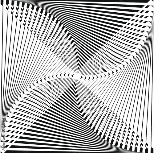 Optical illusion. Black and white vector illustration. Comic effect vector illustration. Abstract vector seamless op art pattern. Monochrome graphic black and white ornament. Striped optical illusion 