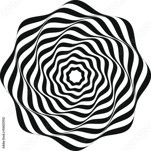 Optical illusion. Black and white vector illustration. Comic effect vector illustration. Abstract vector seamless op art pattern. Monochrome graphic black and white ornament. Striped optical illusion 