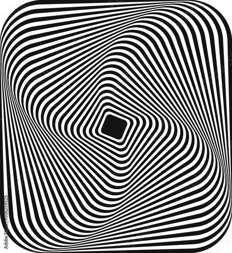 Optical illusion. Black and white vector illustration. Comic effect vector illustration. Abstract vector seamless op art pattern. Monochrome graphic black and white ornament. Striped optical illusion 