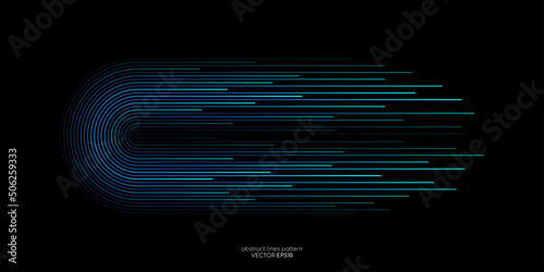 Vector half circles lines flowing dynamic pattern in blue green colors isolated on black background for concept of AI technology, digital, communication, science, music