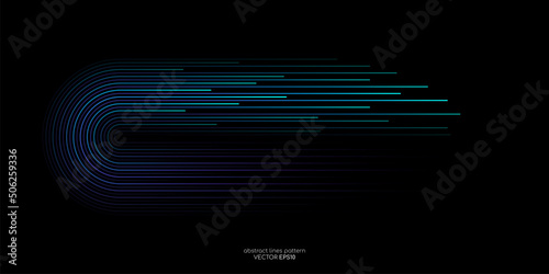 Vector half circles lines flowing dynamic pattern in blue green colors isolated on black background for concept of AI technology, digital, communication, science, music
