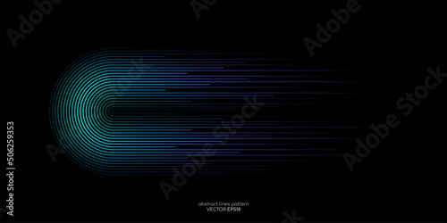 Vector half circles lines flowing dynamic pattern in blue green colors isolated on black background for concept of AI technology, digital, communication, science, music