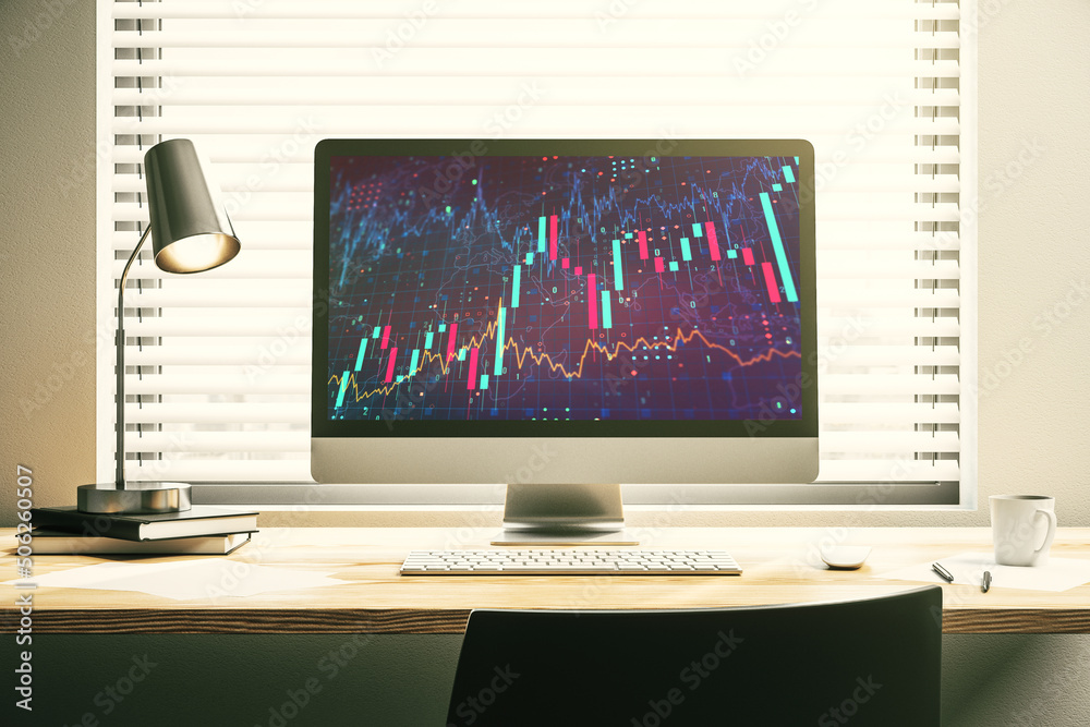 Abstract creative financial diagram on modern computer monitor, banking and accounting concept. 3D Rendering Abstract creative financial diagram on modern computer monitor, banking and accounting concept. 3D Rendering