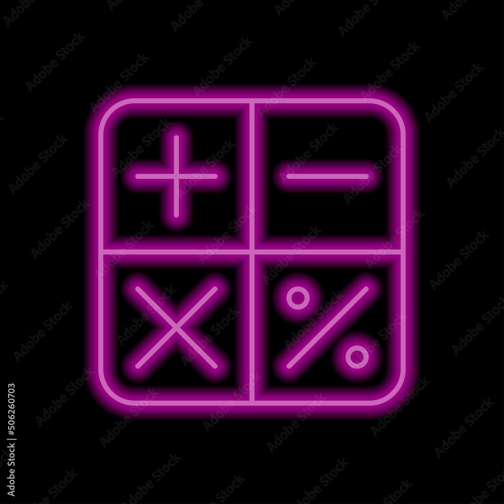 Calculator simple icon, vector. Flat design. Purple neon style on black background.ai