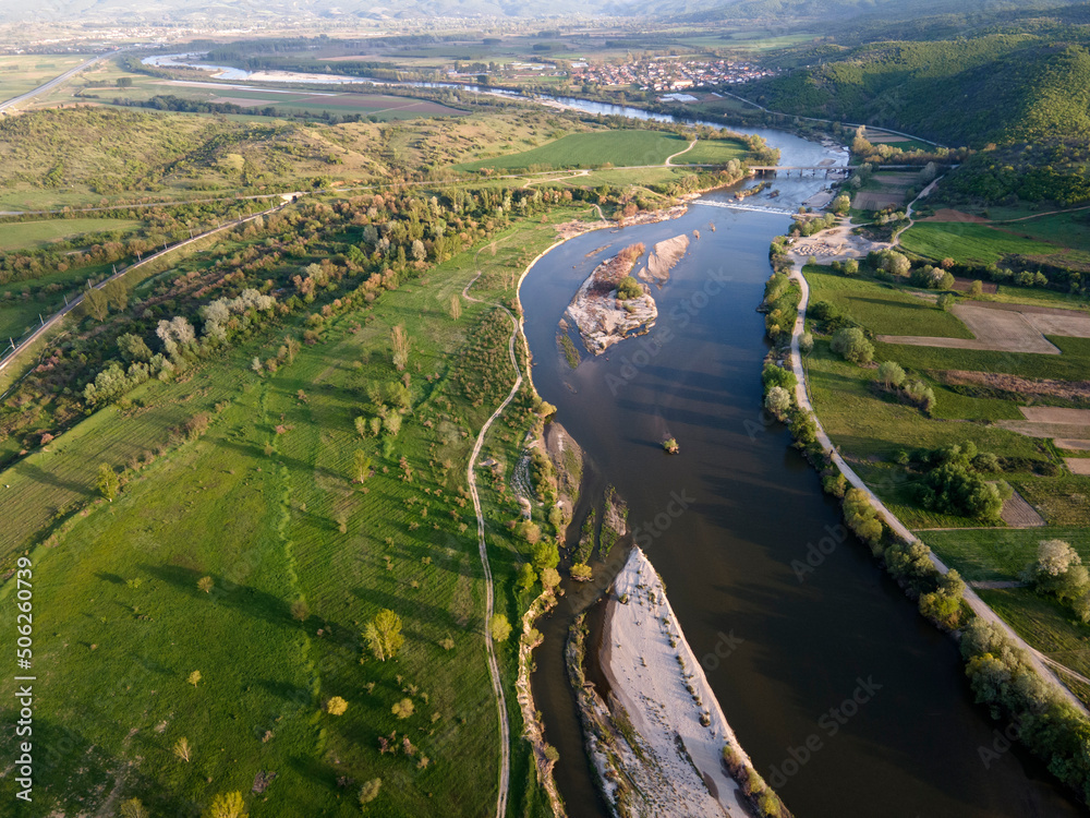 Aerial Sunset view of Struma river, Bulgaria