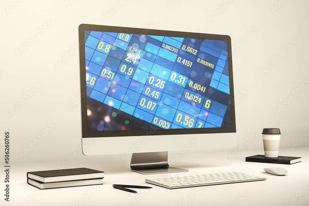 Modern computer monitor with abstract creative statistics data hologram, statistics and analytics concept. 3D Rendering