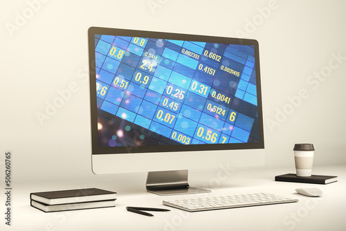 Modern computer monitor with abstract creative statistics data hologram, statistics and analytics concept. 3D Rendering