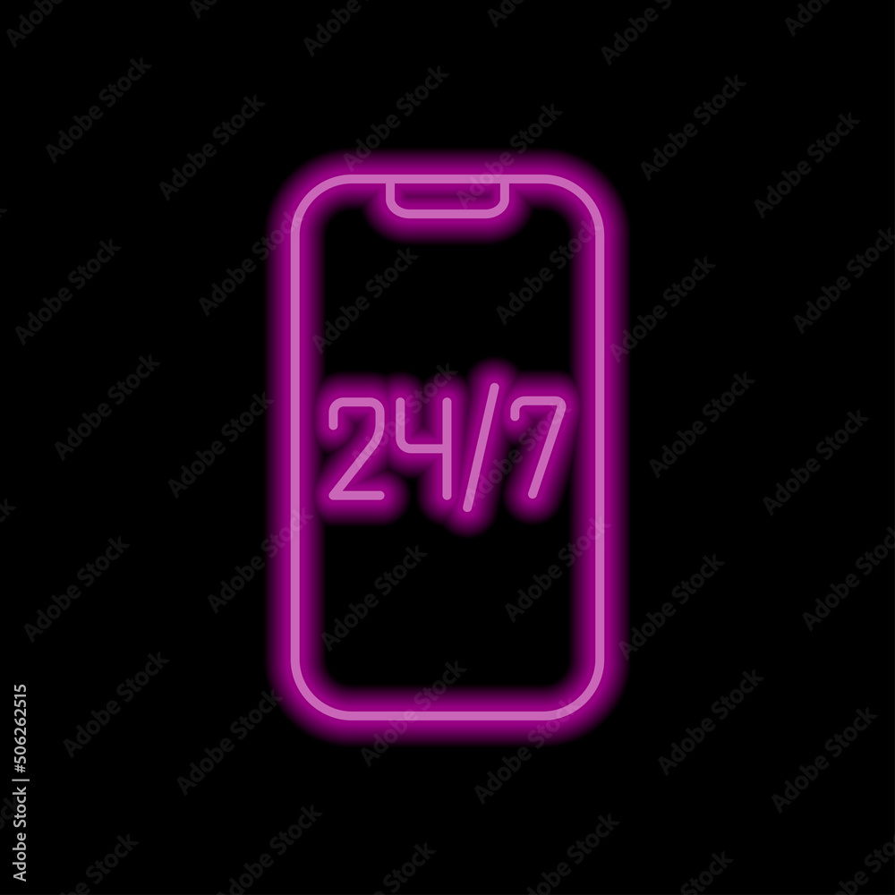 Mobile support simple icon flat design. Purple neon style on black background.ai Mobile support simple icon flat design. Purple neon style on black background.ai