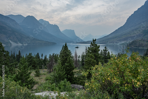Forest Fire Smoke Obscures The Mountains Surrounding Wild Goose Island