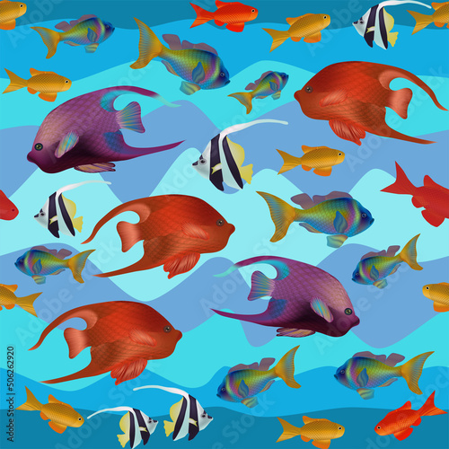 Seamless underwater card with tropical fish. vector illustration