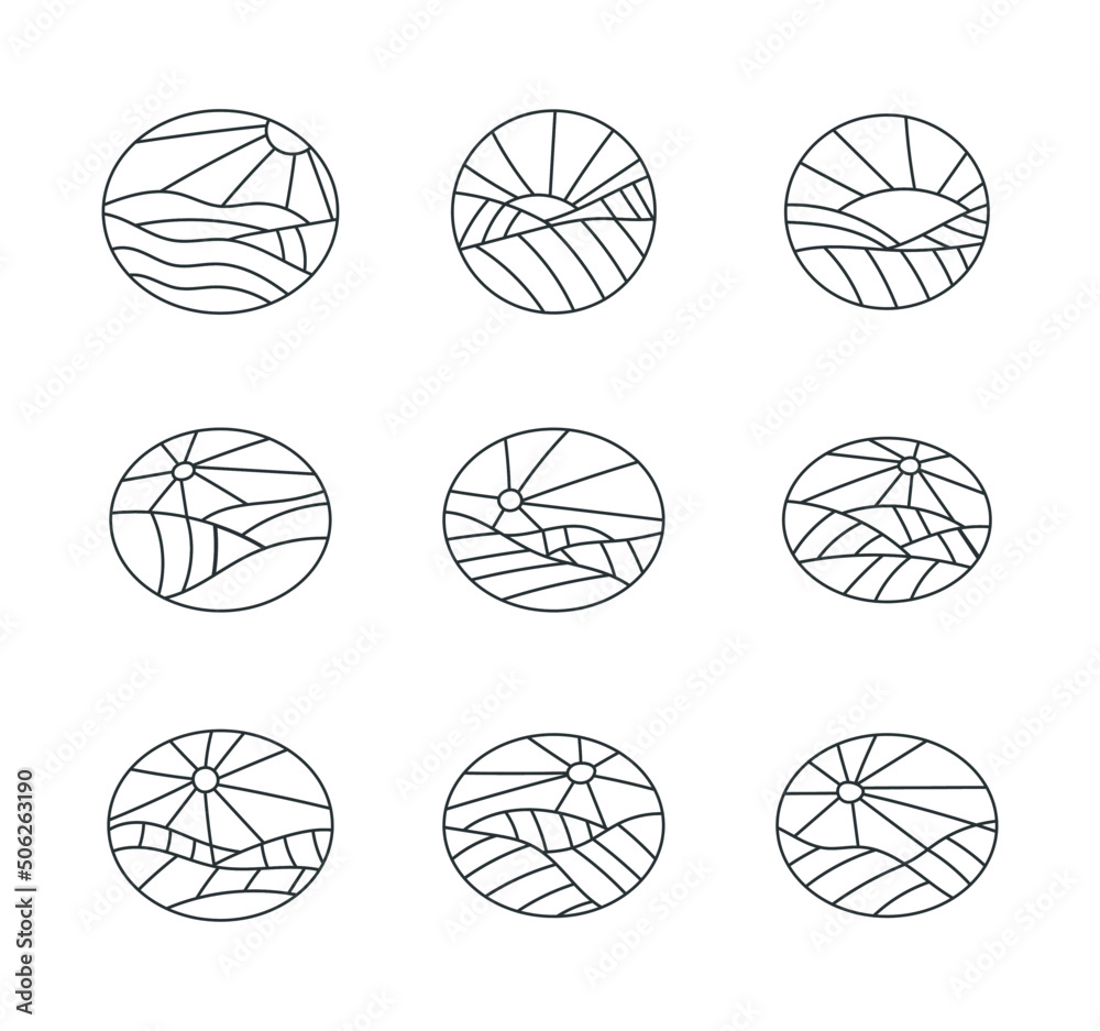 farm field landscape with sun,  line in circle frame vector set 