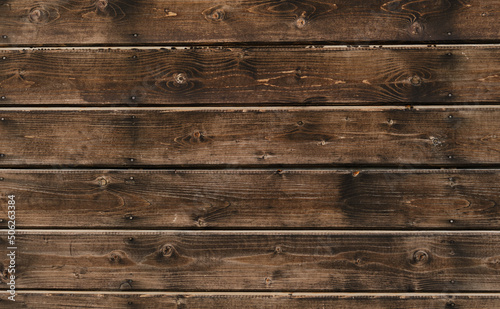 Minimalistic background and plenty of space for text. Dark brown painted and varnished wooden boards close-up. Wall of rustic frame house made of natural wood.
