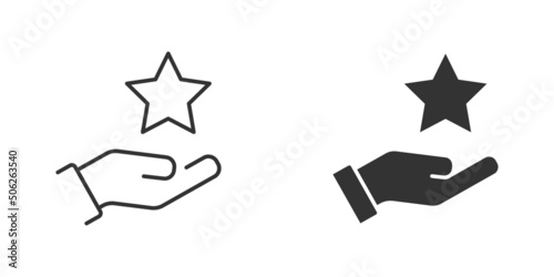 Hand holds star on palm line and flat icon. Vector illustration.