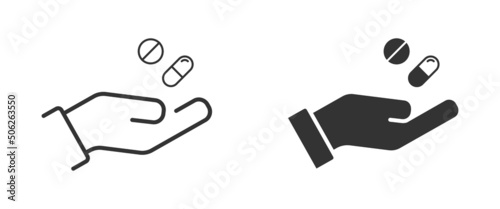 Pill in the hand icon. Health Care symbol. Flat vector illustration.