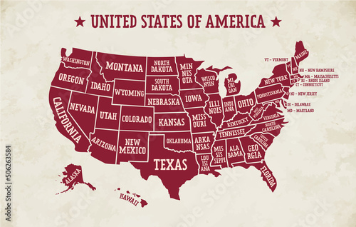 Red map of United States of America with borders of the states and names. Vector design.