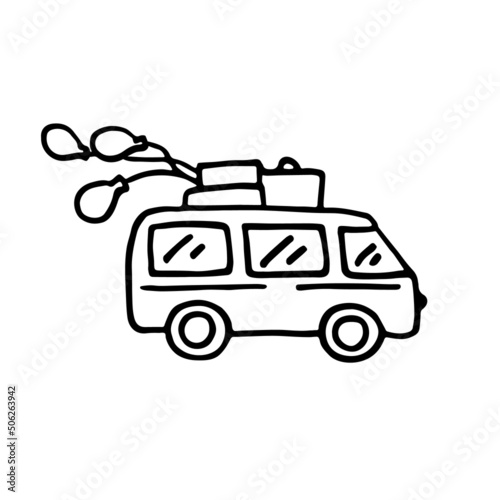 Car with balloons and luggage. Doodle style sketch