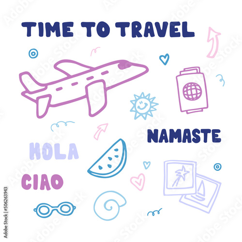 Time to travel. Travel symbol set in doodle style