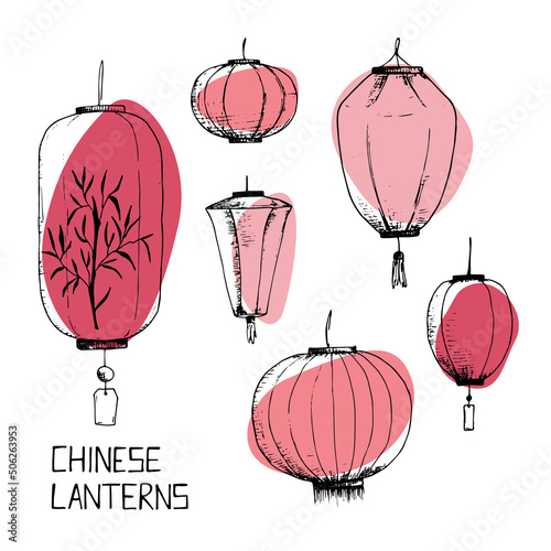 Set of hand drawn Chinese lanterns. Sketch