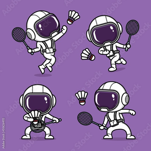 cute cartoon astronaut playing badminton set collection