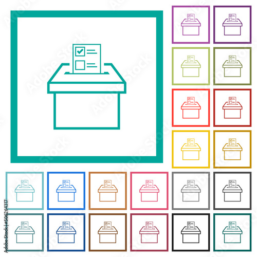 Voting paper and ballot box outline flat color icons with quadrant frames