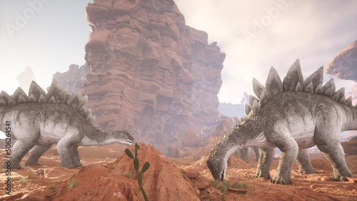Group of Stegosaurs eat Prehistoric Environment Documentary Wild 3D Animation 4K photo
