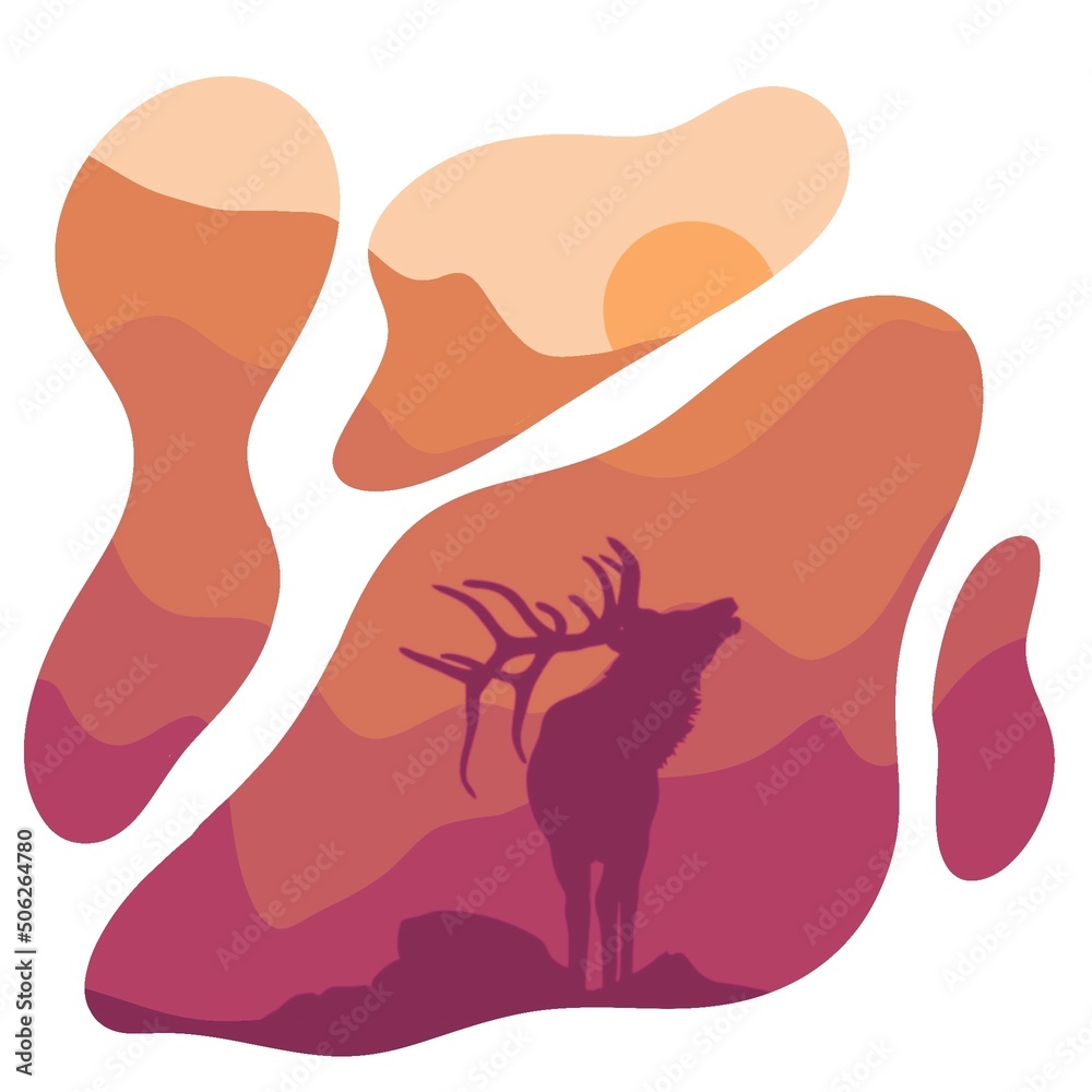 Minimalist landscape with mountains and deer. Noble animals, nature and beauty. Chic view of mountains and nature. Minimalist landscape with mountains and deer. Noble animals, nature and beauty. Chic view of mountains and nature.