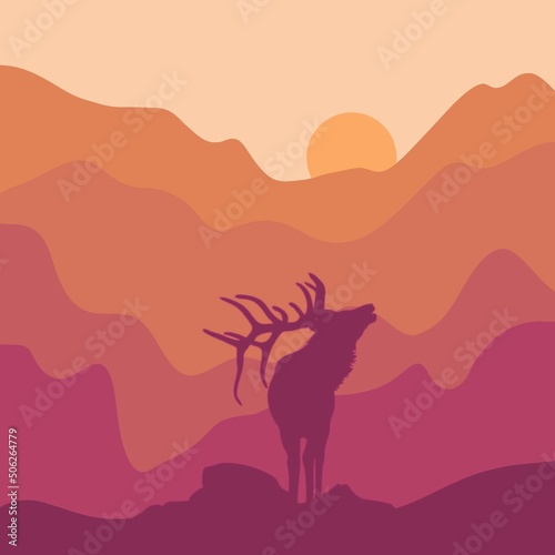 Minimalist landscape with mountains and deer. Noble animals  nature and beauty. Chic view of mountains and nature.