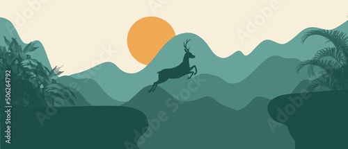 Minimalist landscape with mountains and deer. Noble animals  nature and beauty. Chic view of mountains and nature.