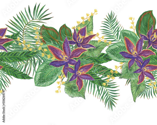 Beautiful floral seamless border painting with watercolor. Tropical leaves  exotic flowers