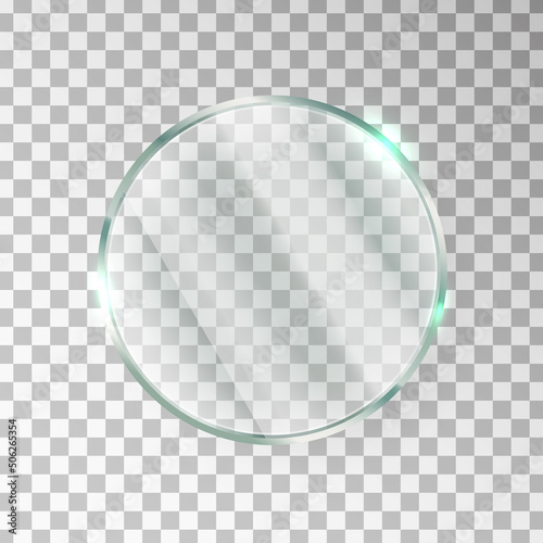 Glass circle window texture. Gloss screen effect. Plastic plate mockup. Mirror panel. Digital frame. Clear button. Glossy tag and badge. Shiny framework. Light rectangle banner. Vector illustration