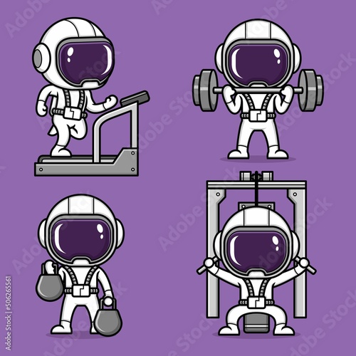 cute cartoon astronaut exercising fitness or gym set collection