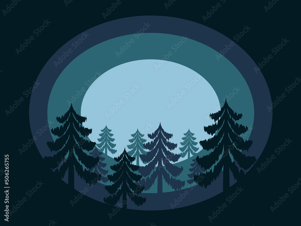 Obraz premium Dark dense forest in gloomy blue colors layer drawing vector illustration