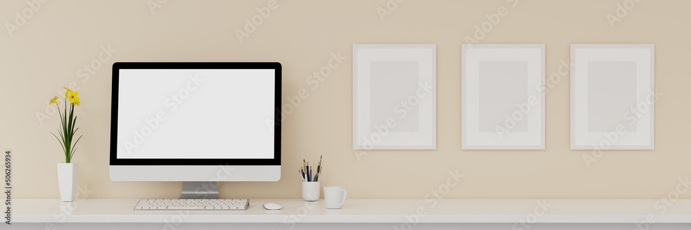 Blank computer screen and various items on desktop workspace with picture frame in home office room. 3D renering illustration. Blank computer screen and various items on desktop workspace with picture frame in home office room. 3D renering illustration.