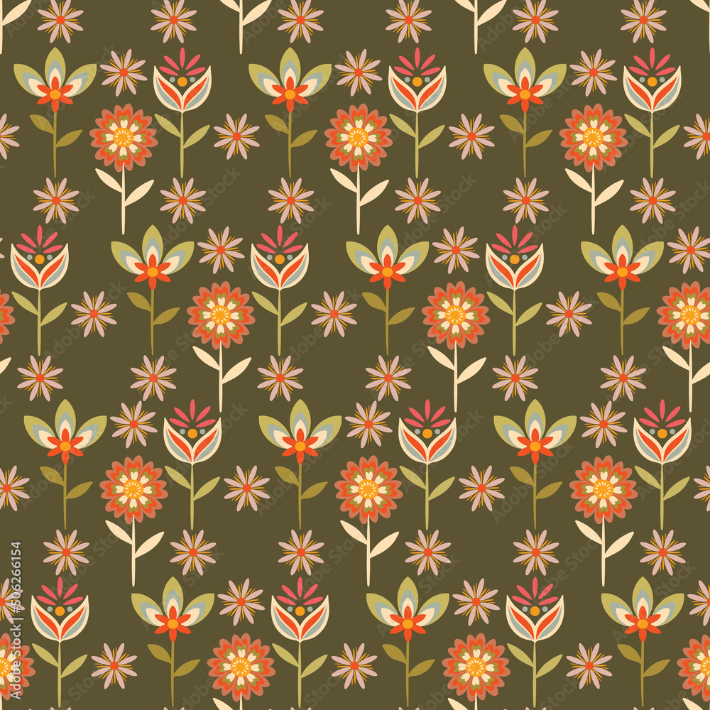 Colorful Geometric Groovy flowers seamless pattern vector illustration, hippie aesthetic floral