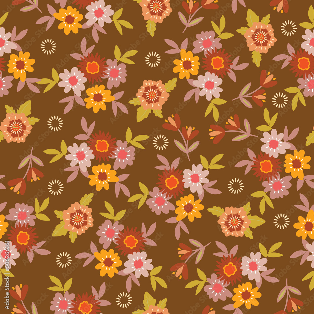 Colorful Groovy flowers seamless pattern vector illustration, hippie aesthetic floral ,Design for fashion , fabric, textile, wallpaper, cover, web , wrapping