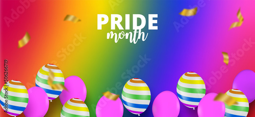 LGBT Pride Month Lesbian Gay Bisexual Transgender Celebrated annual. Design with colorful rainbow balloon background. Vector.