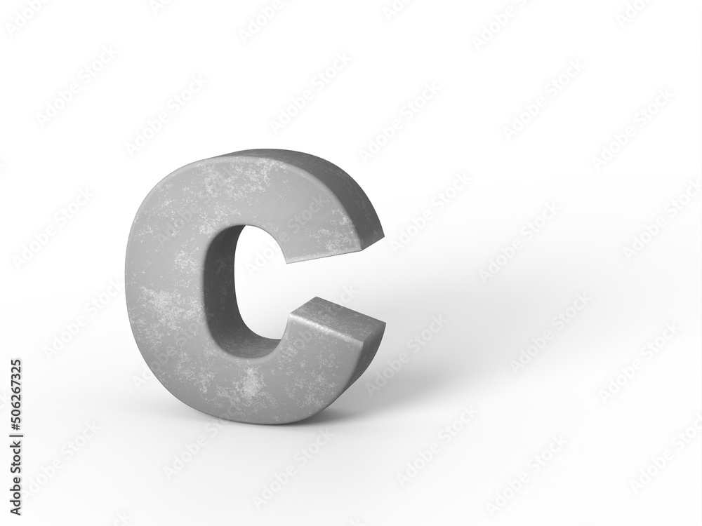 Stone concrete sand stucco letter C on a white background with shadow. natural light. 3D rendering. Stone concrete sand stucco letter C on a white background with shadow. natural light. 3D rendering.