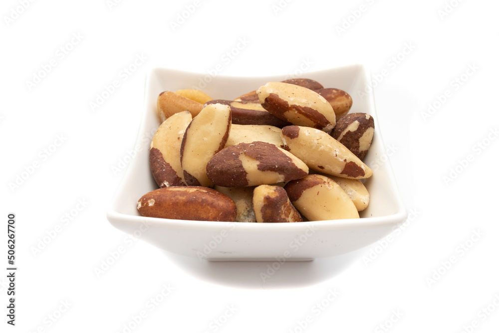 A white bowl with brazil nut or amazon nut, isolated on white background. Bertholletia excelsa is a tree of the Lecythidaceae family, native to South America, endemic to the Amazon. A white bowl with brazil nut or amazon nut, isolated on white background. Bertholletia excelsa is a tree of the Lecythidaceae family, native to South America, endemic to the Amazon.