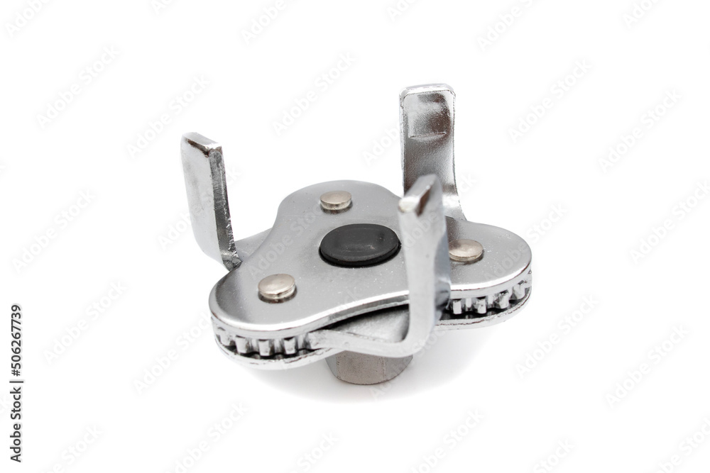 Obraz premium Three foot oil filter wrench. Isolated on white background. Most effective wrench to change the oil filter of a vehicle.