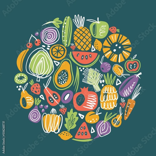 Round vector illustration with fruits and vegetables in Scandinavian style.