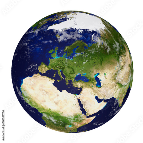 Planet earth with clouds isolated on white background, Continents of Europe and Europe. Elements of this image furnished by NASA. 3D rendering.