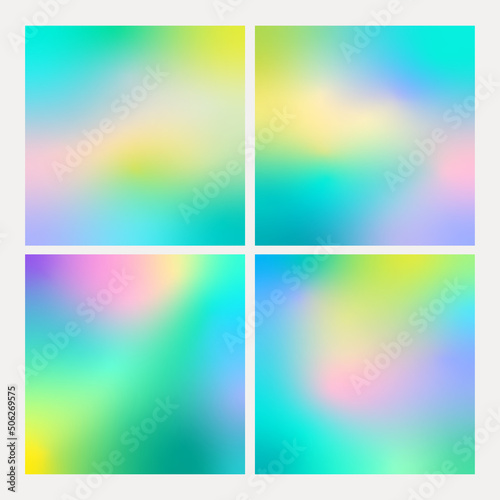 Holographic blur gradient backgrounds set. Minimalist vector square backdrop.