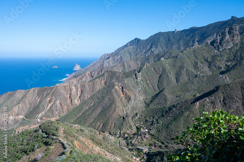 Panoramic view on green mountains and blue Atlantic ocean, Anaga national park near Tanagana village, North of Tenerife, Canary islands, Spain