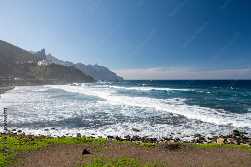 Panoramic view on lava rocks of laya de Almaciga and blue Atlantic ocean, Anaga national park near Tanagana village,  North of Tenerife, Canary islands, Spain