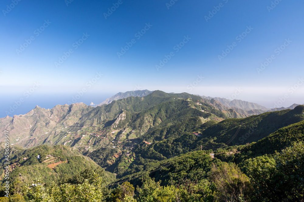 Panoramic view on green mountains of Anaga national park, North of Tenerife, Canary islands, Spain