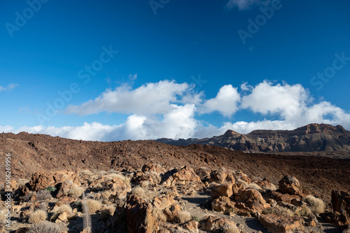 Visiting Teide national park on Tenerife and view on volcanic landscapes, Canary islands, Spain