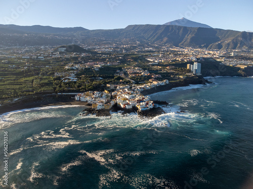 Aerial view on colorful houses and top of mount Teide in Puerto de la Cruz, Tenerife, Canary islands at sunrise